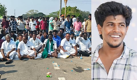 மானாமதுரையில் பேருந்து நிலையம் அருகே மதுரை-ராமேசுவரம் நான்குவழிச்சாலையில் மறியலில் ஈடுபட்ட ஆகாஷ்டெல்சனின் உறவினர்கள். அடுத்த படம்: உயிரிழந்த ஆகாஷ்