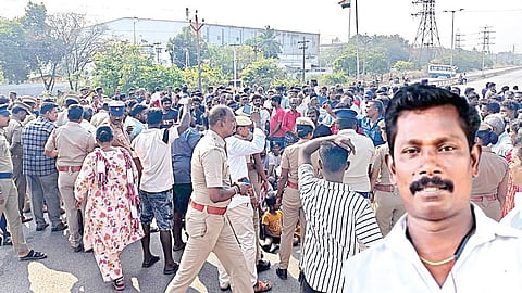 மறியலில் ஈடுபட்ட இலங்கை தமிழர் முகாம்வாசிகள் (உள்படம்) கொலையான சிவகுமார்.