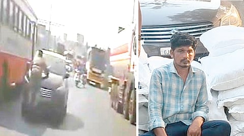 காரில் தொங்கியபடி செல்லும் காவலரின் சிசிடிவி காட்சி. (அடுத்த படம்) கைதான யாரப் பாஷா மற்றும் பறிமுதல் செய்யப்பட்ட கார் மற்றும் குட்கா மூட்டைகள்.