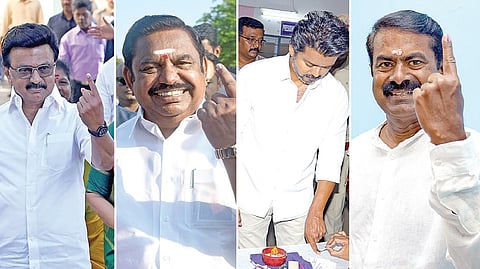 சென்னையில் வாக்களித்த முதல்வர் ஸ்டாலின். படம்: எஸ்.சத்தியசீலன் |&nbsp;சிலுவம்பாளையத்தில் வாக்களித்த பழனிசாமி. படம்: எஸ்.குருபிரசாத் |&nbsp;நீலாங்கரையில் தவெக தலைவர் விஜய், நாதக ஒருங்கிணைப்பாளர் சீமான். படங்கள்: எல்.சீனிவாசன்