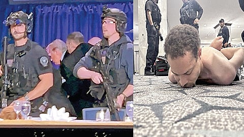 வாஷிங்டனில் உள்ள ஓட்டலில் அதிபர் ட்ரம்ப் பங்கேற்ற விருந்து நிகழ்ச்சியில் துப்பாக்கிச்சூடு நடத்தப்பட்டது. பாதுகாப்புப் படை வீரர்கள், அவரை பத்திரமாக அழைத்துச் சென்றனர். (அடுத்த படம்:) துப்பாக்கிச்சூடு நடத்திய கோல் தாமஸ் ஆலன்.