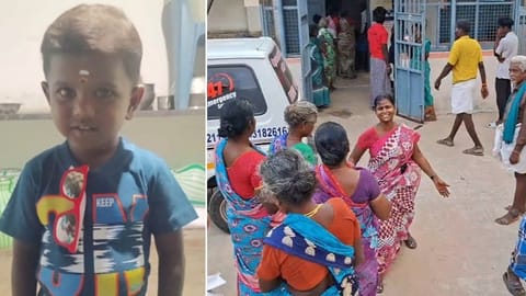 உயிரிழந்த சிறுவன் சஞ்சீவி | குளித்தலை மாவட்ட அரசு தலைமை மருத்துவமனை முன் திரண்டிருந்த சிறுவனின் உறவினர்கள் மற்றும் கிராமத்தினர்