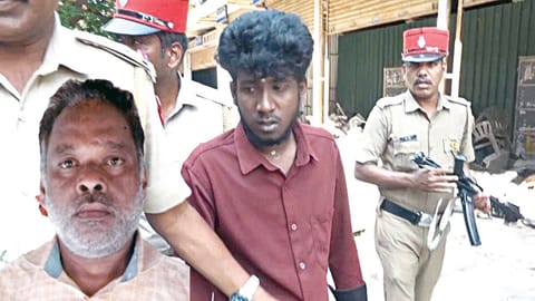 குற்றவாளி கருணாஸை நீதிமன்றம் அழைத்து வந்த போலீஸார். (உள்படம்) சிறையில் தற்கொலை செய்துகொண்ட  விவேகானந்தன். | படம்: செ. ஞானபிரகாஷ் |