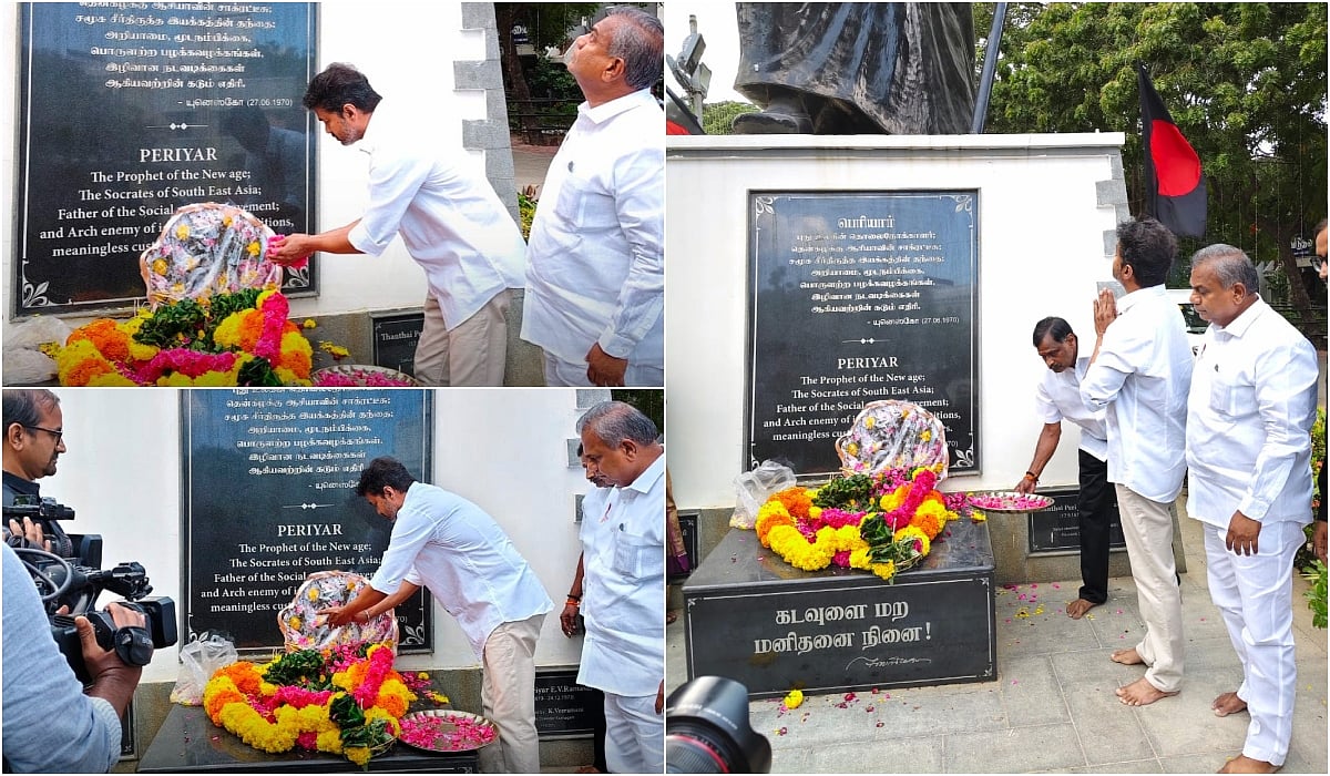 TVK President Vijay pays floral tribute to Periyar statue