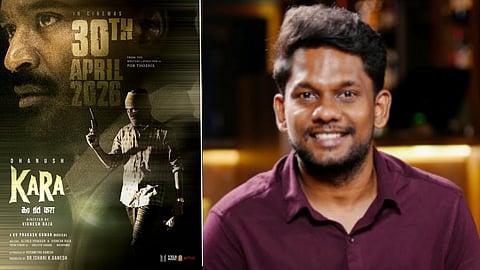 Poster for the film Kara featuring actor Dhanush (left), Director Vignesh Raja (right)