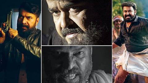 Clockwise from top: Mammootty in 'The Great Father', Mohanlal in 'Marakkar: Lion of the Arabian Sea' and 'Aarrattu' and Mammootty in 'Bramayugam'.