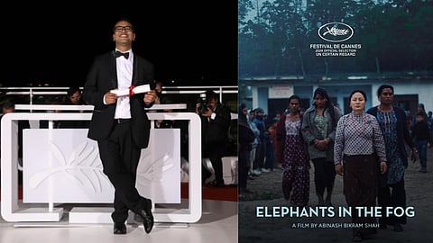 Abinash Bikram Shah (left), 'Elephants in the Fog' poster