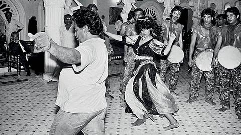Actress Dimple Kapadia with her dance director on the
set of 'Insaaf', Filmalaya Studios, Bombay, 1988.
