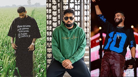 From left: Karan Aujla, Badshah and AP Dhillon, all wearing their own, custom merchandise.