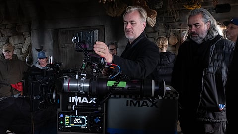 Christopher Nolan with an IMAX camera on the set of 'The Odyssey'