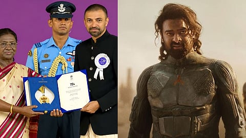 Nag Ashwin receives the National Film Award from Indian President Droupadi Murmu; Prabhas in a still from 'Kalki 2898AD'