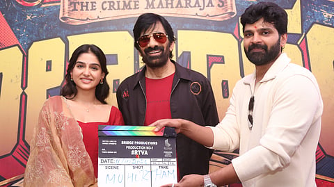 Anaswara Rajan and Ravi Teja at the film's launch pooja