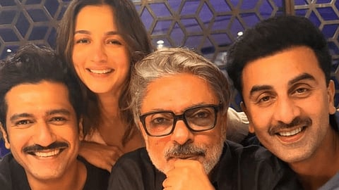 Sanjay Leela Bhansali with the cast of 'Love and War', Ranbir Kapoor, Alia Bhatt and Vicky Kaushal