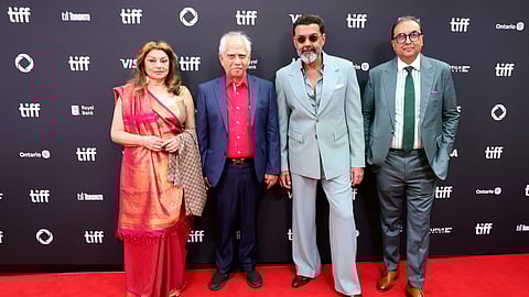  (L-R) Kiran Juneja, Ramesh Sippy, Bobby Deol and Shivendra Singh Dungarpur attend the premiere of "Sholay" during the 2025 Toronto International Film Festival at Roy Thomson Hall on September 06, 2025 in Toronto, Ontario. 