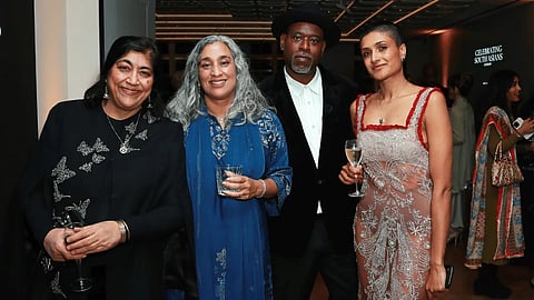 Gurinder Chadha, Geeta Gandbhir, Nikon Kwantu and Chloe Abrahams attend Celebrating South Asians hosted at BAFTA Piccadilly on February 20, 2026 in London, England.