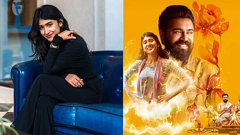 Riya Shibu and a poster of 'Sarvam Maya'