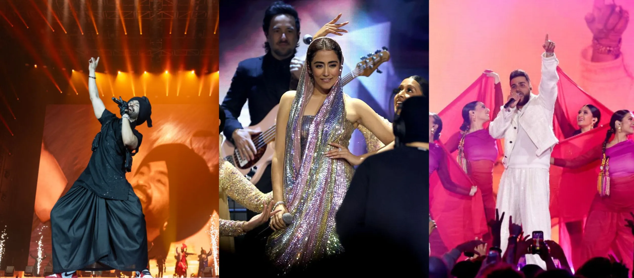 From left to right: Diljit Dosanjh, Jonita Gandhi and Karan Aujla on stage.