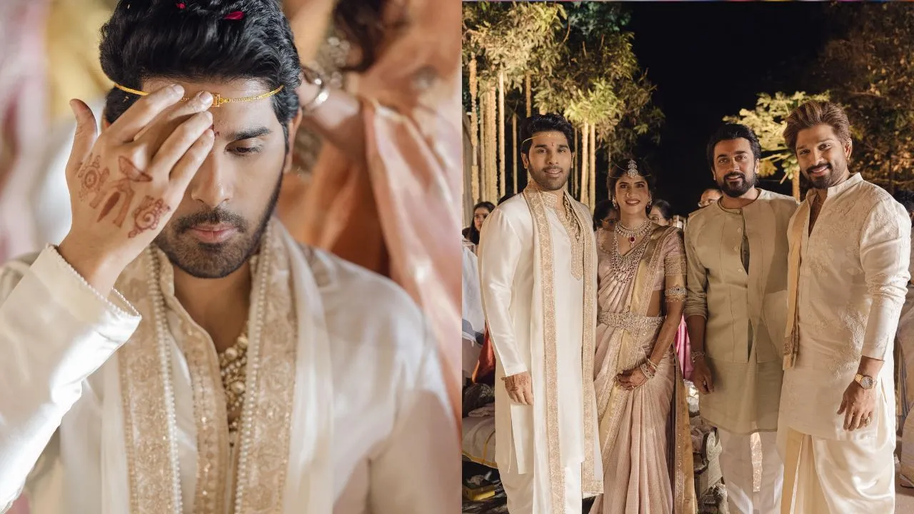 Allu Sirish; Sirish with his wife Nayanika Reddy, actor Suriya, and brother Allu Arjun