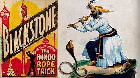 L: By the 1920s the Rope Trick was on the programme of many of the world’s leading magicians, including Harry Blackstone. R: A snake charmer “tames” a cobra with his pipe. 