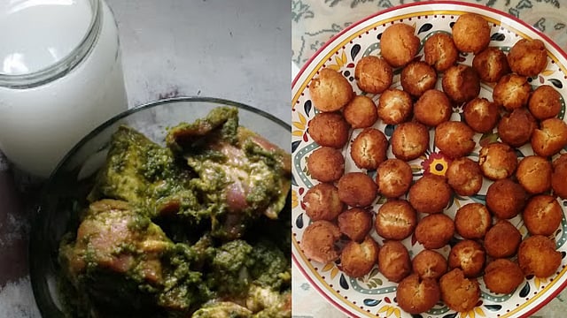 Left: Taari-no-batervo is a slow cooked, green-masala marinated mutton in a reduced toddy gravy; Right: Bhakras are fried parsi cookies that often use the taari-flour batter. 