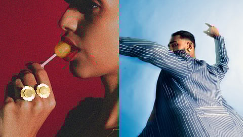 Images of two models wearing retro game inspired jewellery in their collection campaign in Kochi