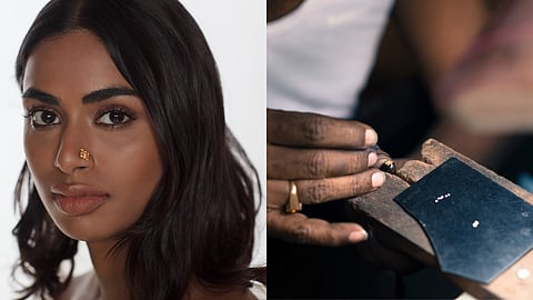 Images of woman wearing mookuthi and someone handcrafting a nose ornament stud from chennai label 