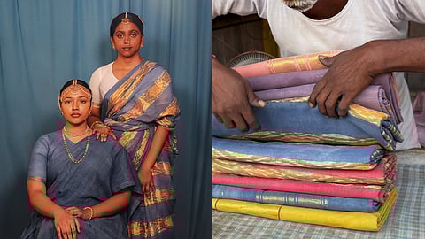 Images of cotton garments from homegrown label Sarasa Textiles women wearing sarees and a man looking through their saree stacked
