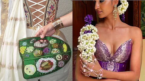 Images from label Niharika Vivek that features upcycled saree and zari silk saree corsets, dresses, lehengas, skirts and more. the image also features their handmade glass cut bead detailed silk clutch inspired by the sadhya 