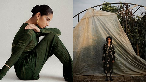 images of pieces from Divyam Mehta's gardener collection that uses japanese shibori technique