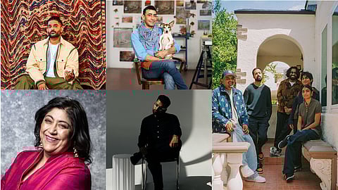 Indian diasporic artists from left top: Sid Sriram, Raqib Shaw, D26, Jessie Sohpaul & Gurinder Chadha