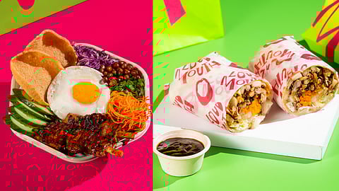 The menu focuses on bowls and wraps with global influences, with popular options including Tuna and Salmon Poke Bowls, Mediterranean Falafel and Lamb Bowls, Teriyaki Chicken, and Miso-Glazed Tofu and Buff Bowls.