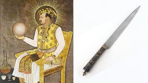 Mughal emperor Jahangir holding a globe (L); Jahangir's meteorite knife (R)
