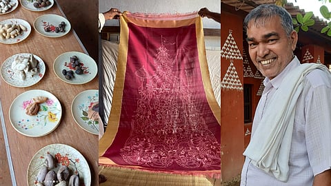 Left: the natural dyes used for ikat weaving; Centre:  an illustrated ikat fabric; Right: Padma Shri Sarat Kumar Patra