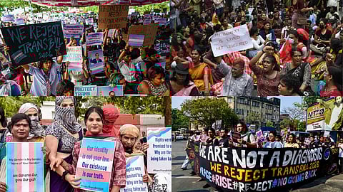 Protests in India against the Centre's proposed Transgender Persons (Protection of Rights) Amendment Bill, 2026 in Thiruvananthapuram, Kolkata, Bhubaneshwar, Bengaluru in 2026 (Clockwise)