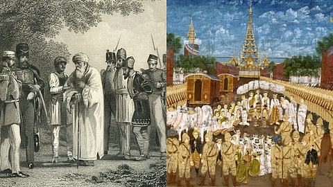 Left: Capture of Bahadur Shah Zafar by William Hodson at Humayun's tomb; Right: King Thibaw, the last king of Burma being exiled to India at the end of the third Anglo-Burmese war in 1885 by the British