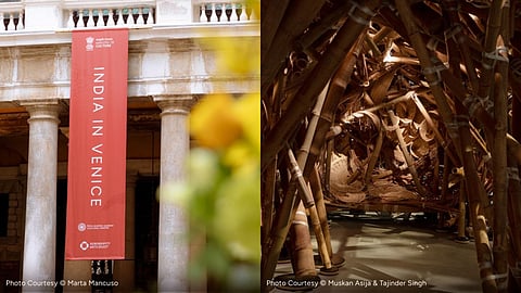 A banner and art representing the Venice Biennale 2026.