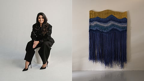 Promotional images featuring Raksha Sanikam and a sculptural installation by Aashka Desai.