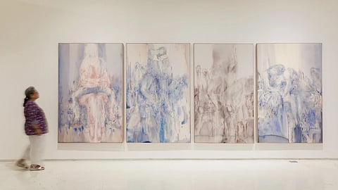 Built from layers of translucent washes and heavily stained surfaces, the canvases possess an atmospheric density and depth. The surfaces gesture towards an osmotic relationship between figure and background, in which bodies become inseparable from their environments. 