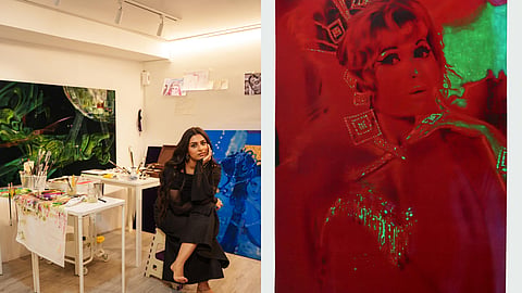 The artist Maithili Chaturvedi and a painting from 'Dream Girl' : Helen of Bombay
