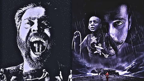 On the left, a stark, black-and-white image from Bramayugam features a sinister Brahmin landlord laughing menacingly. On the right, a dark, rain-drenched poster from Tumbbad shows a man holding a lantern.