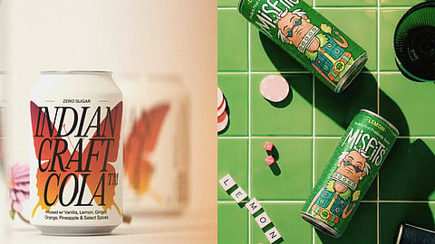 A split graphic showcasing a minimal white Indian Craft Cola can with a butterfly logo next to two green Misfits Lemon prebiotic soda cans arranged on green tiles.