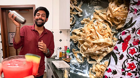 A split image showing creator Archit Agarwal smiling while shaking a cocktail in a kitchen next to a fresh drink with a watermelon slice, alongside a top-down view of freshly rolled, floured handmade pasta ribbons.