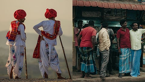 Side-by-side photo of Indian men wearing regional dhotis and everyday lungis.
