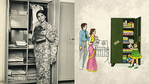 Split panel showing a vintage black-and-white photo of an Indian woman near an open steel almirah and a vintage illustration of a family using a green steel wardrobe.