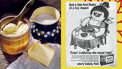 An image with a block of yellow butter in a wooden tub next to a vintage  advertisement for Amul Butter.