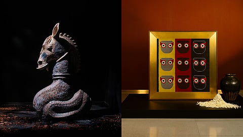 Featuring terracotta sculptures inspired by South Indian temple guardians and handwoven panels rooted in Odisha's weaving traditions, the exhibit delves into cultural memory and craftsmanship.