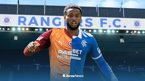 Youssef Chermiti in a half Rangers and half Galatasaray kit at Ibrox