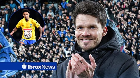 Danny Rohl happy and clapping ahead of Ibrox with Bryan Reynolds in circular inset