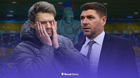 Danny Rohl and Steven Gerrard stood in front of Ibrox background