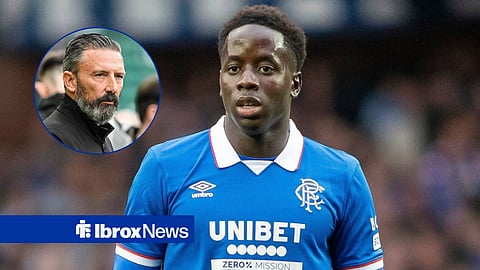 Djeidi Gassama in action for Rangers with Derek McInnes in circular inset